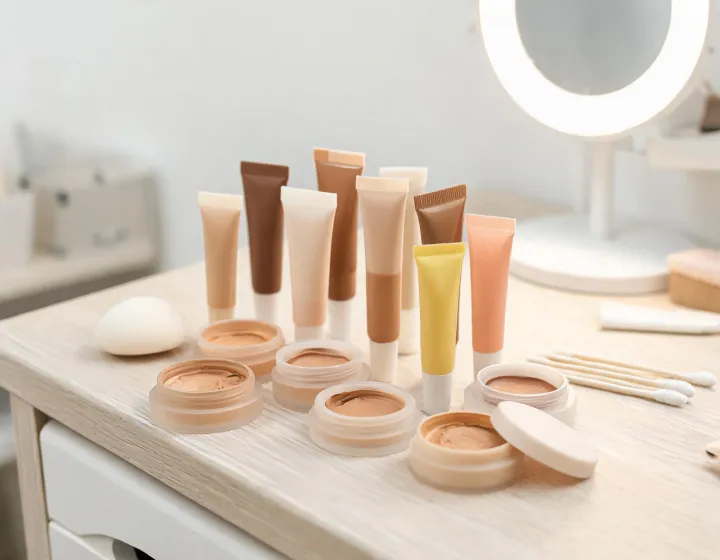 concealer for dark circles on a cosmetics bench, illustration only
